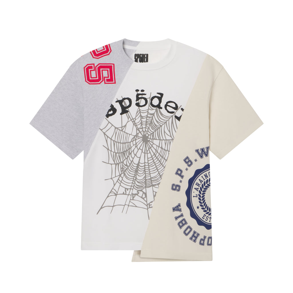 Asymmetrical 100% cotton tee with color-block panels, web graphic, and collegiate-style graphic prints.