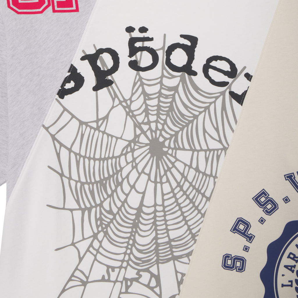 Asymmetrical cotton tee featuring color-block panels, a web graphic, and collegiate-style graphic prints.