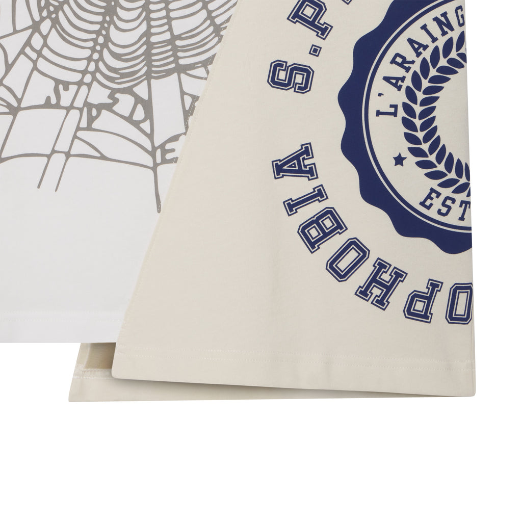 Asymmetrical cotton tee featuring color-block panels, a grey web graphic, and a blue collegiate-style circular graphic print.
