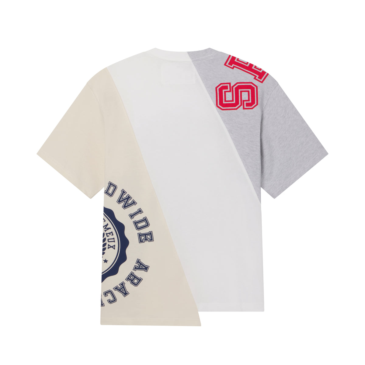 Asymmetrical cotton tee with color-block panels, collegiate-style graphic prints, and a crew neckline.