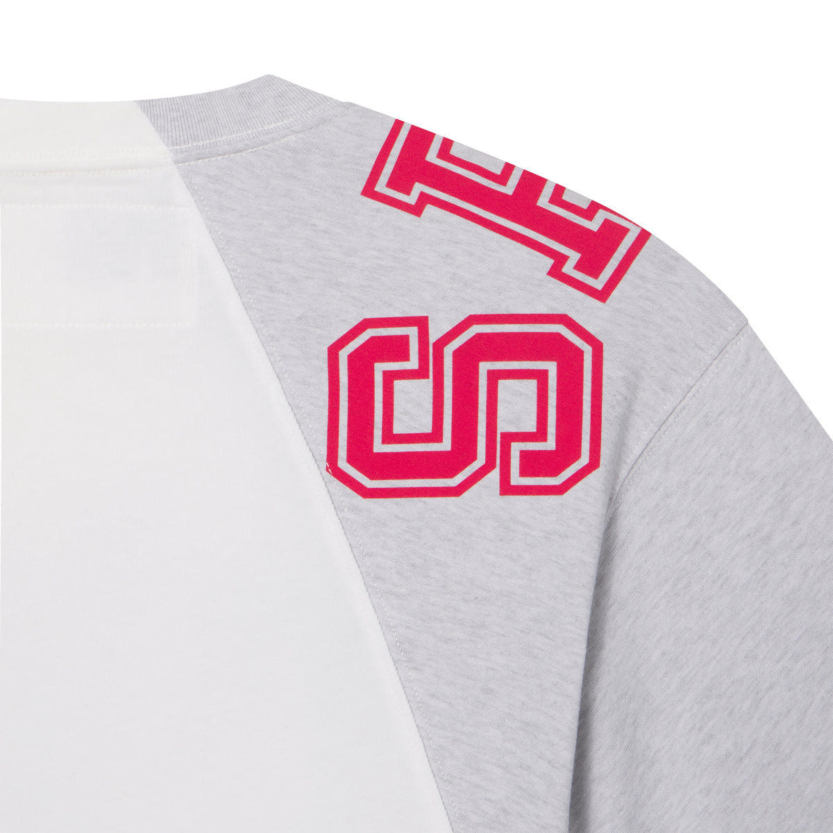 White and grey color-block cotton tee featuring a red collegiate-style graphic print on the shoulder.