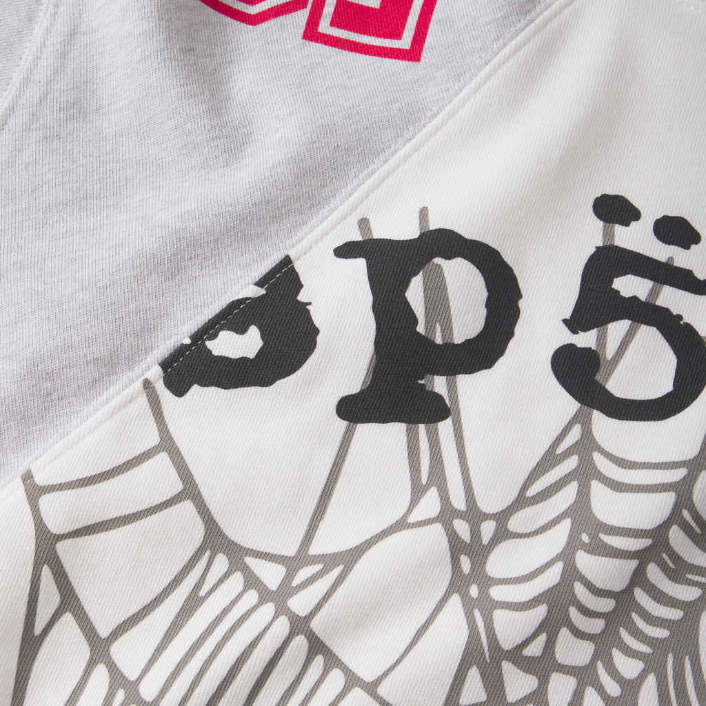 Cotton color-block tee featuring asymmetrical panels, collegiate-style red lettering, and a black spiderweb graphic print.