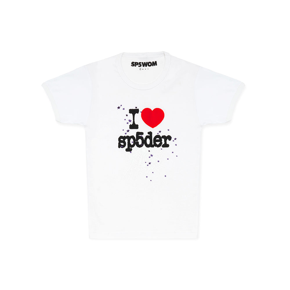 White 100% cotton cropped baby tee with "I ❤️ sp5der" graphic and purple stars.