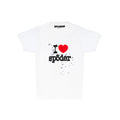 White 100% cotton cropped baby tee with "I ❤️ sp5der" graphic and purple stars.