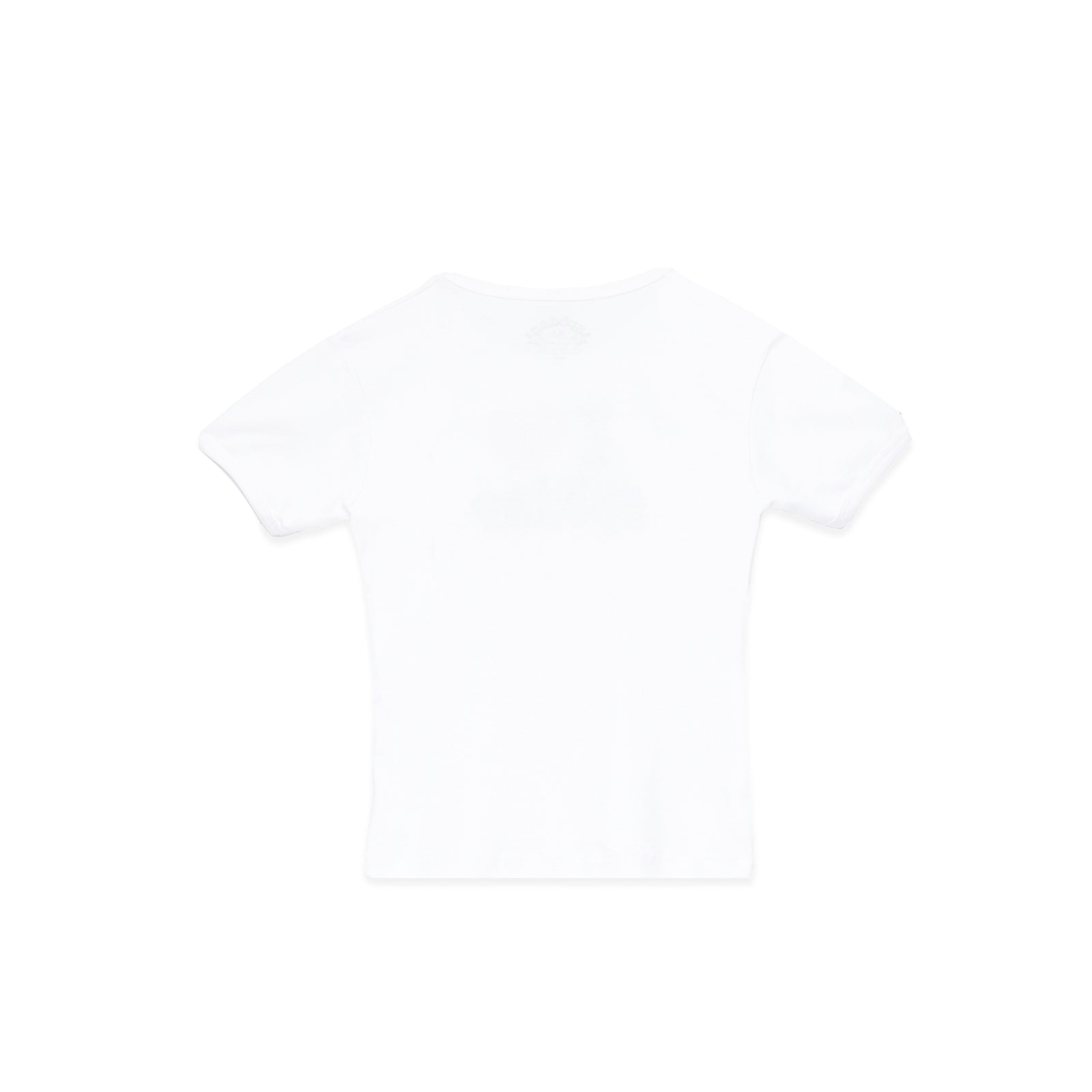 White 100% cotton Souvenir Baby Tee, cropped and fitted, with a subtle graphic print.