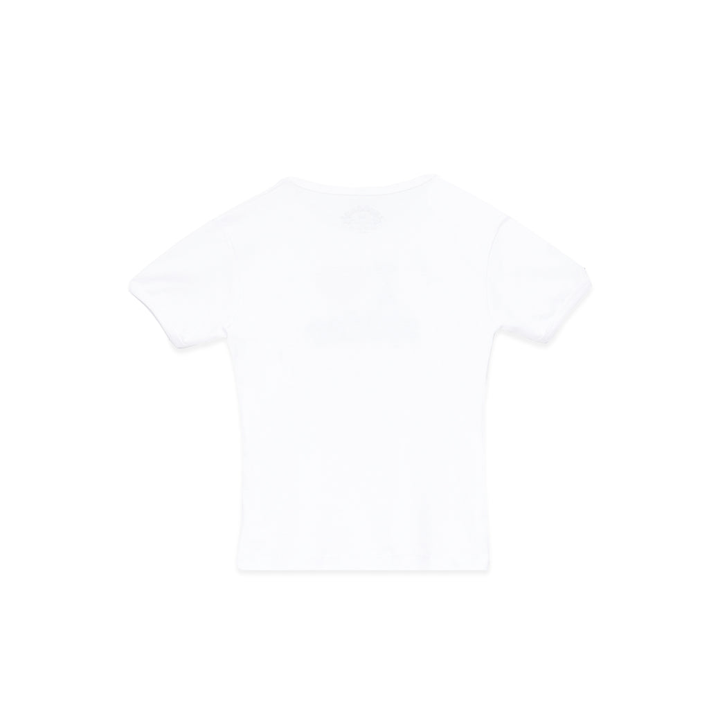 White 100% cotton Souvenir Baby Tee, cropped and fitted, with a subtle graphic print.
