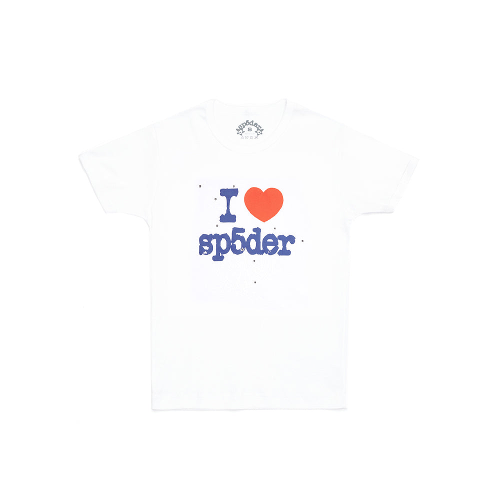 White 100% cotton cropped baby tee with "I ❤️ sp5der" graphic print.