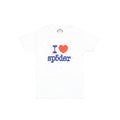 White 100% cotton cropped baby tee with "I ❤️ sp5der" graphic print.