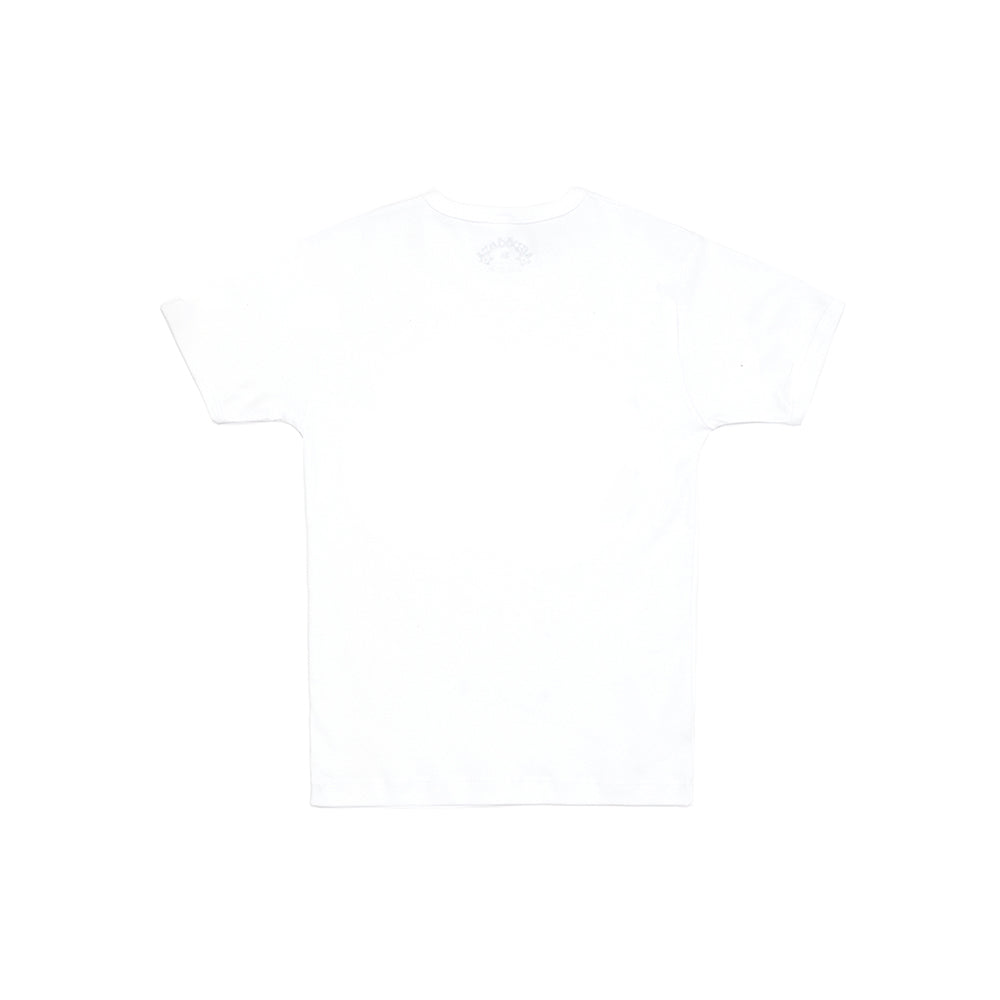 Back of a plain white 100% cotton cropped fitted baby tee with a small neck label.