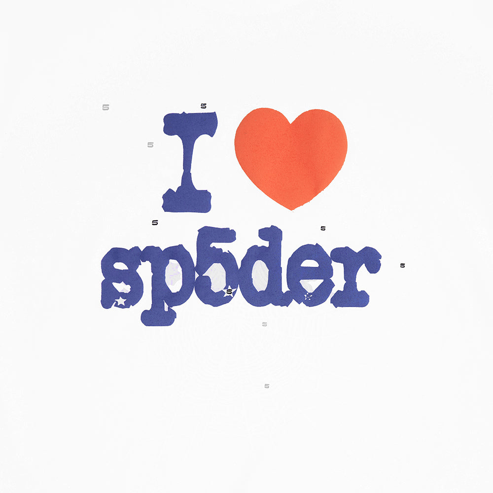 White 100% cotton cropped baby tee with "I ❤️ sp5der" graphic print in blue and red.