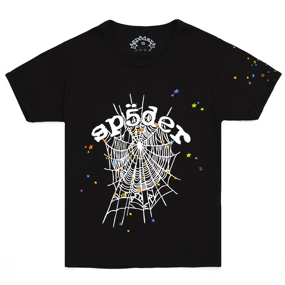 Black 100% cotton OG WEB V2 BABY TEE with white "sp5der" text, a spiderweb graphic, and colorful stars.