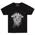 Black 100% cotton OG WEB V2 BABY TEE with white "sp5der" text, a spiderweb graphic, and colorful stars.