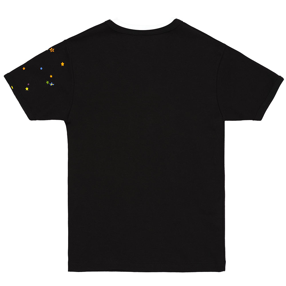 Black 100% cotton OG WEB V2 BABY TEE, back view, with colorful stars on the left sleeve.