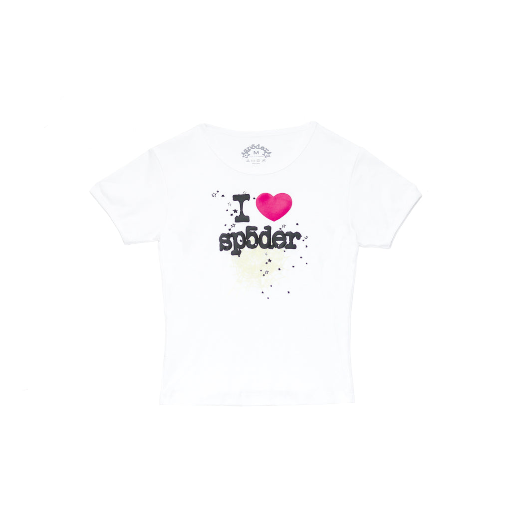 White 100% cotton cropped baby tee with "I ❤️ sp5der" graphic print.