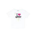 White 100% cotton cropped baby tee with "I ❤️ sp5der" graphic print.