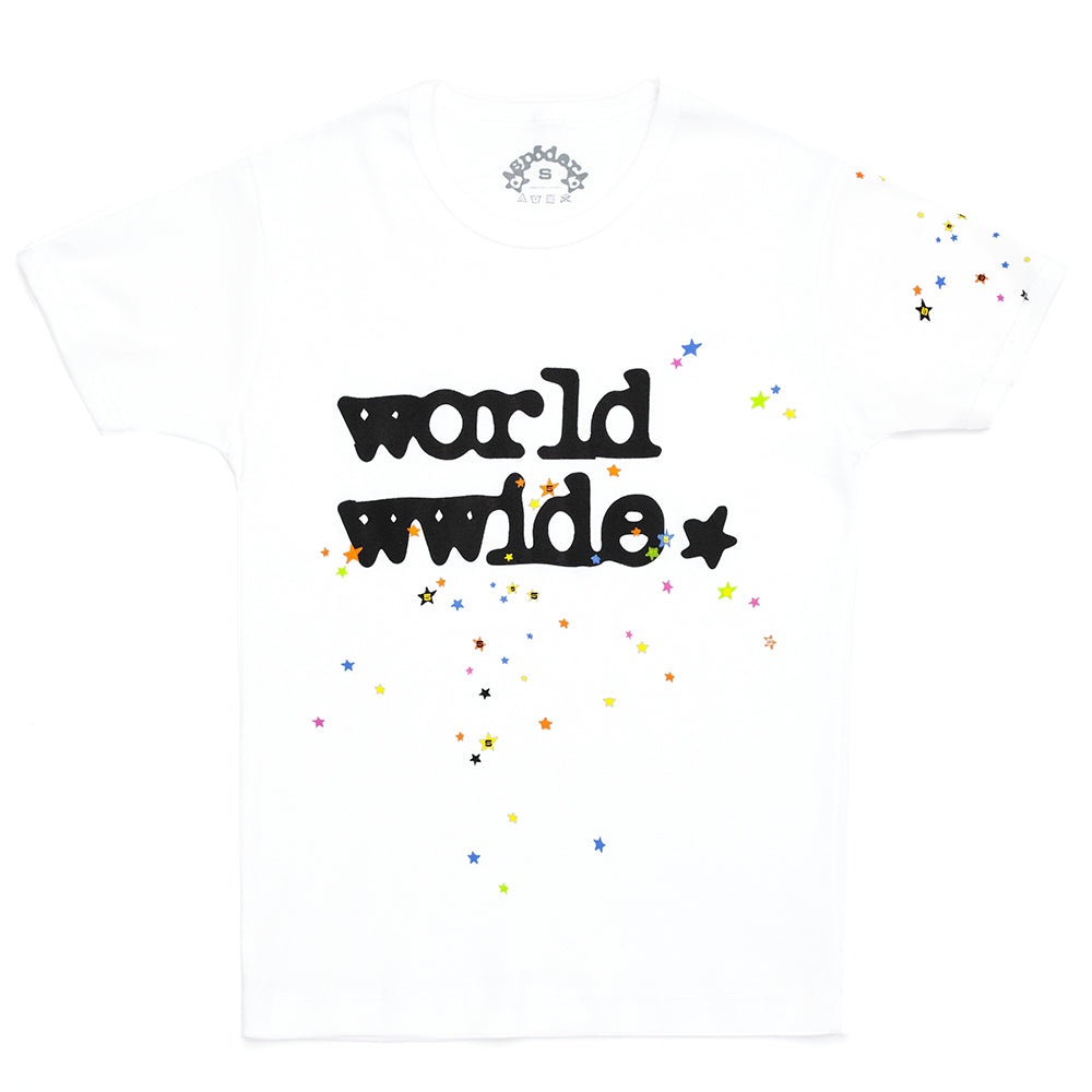 White 100% cotton cropped baby tee with "worldwide" graphic print and colorful stars.