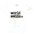 White 100% cotton cropped baby tee with "worldwide" graphic print and colorful stars.