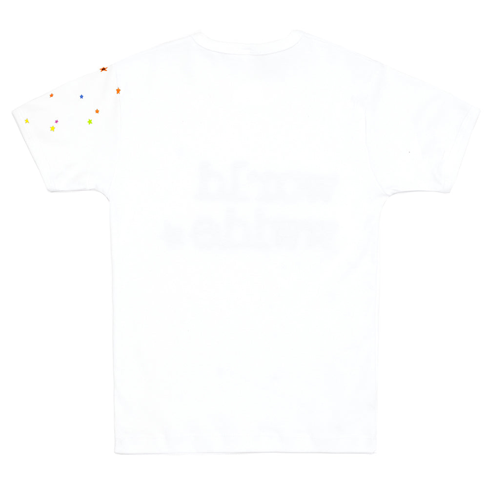 Back of a white 100% cotton cropped baby tee with colorful star graphics on the left shoulder.