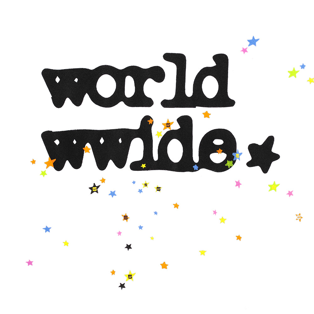 Black "world wide" graphic print with colorful stars on a white background.
