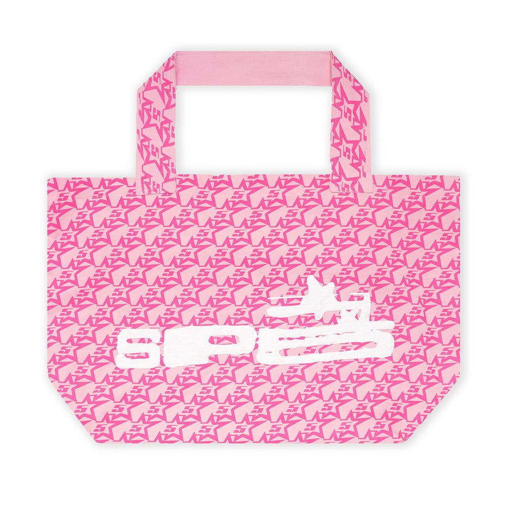 Pink brushed twill tote bag with jumbo "55" print pattern and large white "5PE" logo.