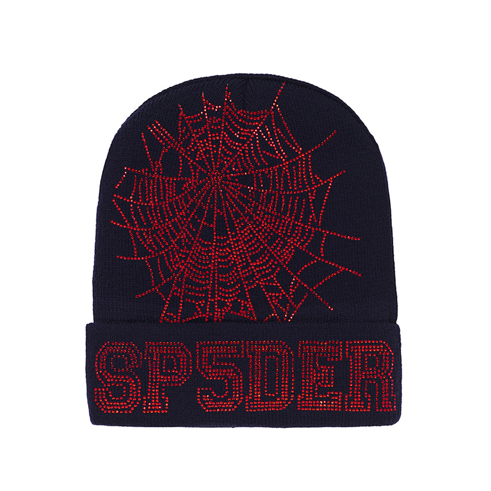 Black acrylic beanie with a red rhinestone spiderweb and "SP5DER" design.