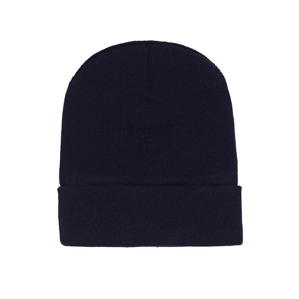 Dark navy blue acrylic WEB BEANIE with a folded cuff, no visible design.