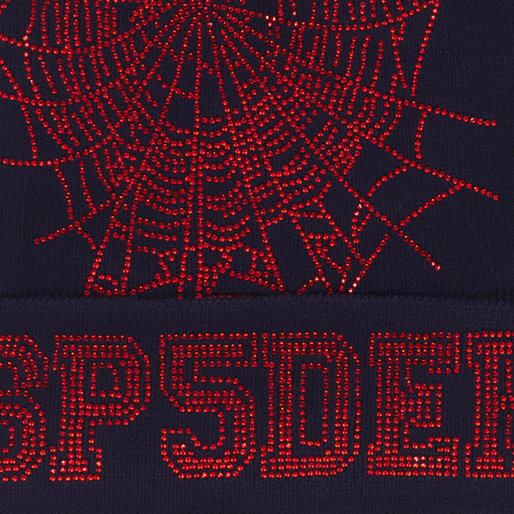 Navy acrylic beanie with a red rhinestone spider web and "SP5DER" design.