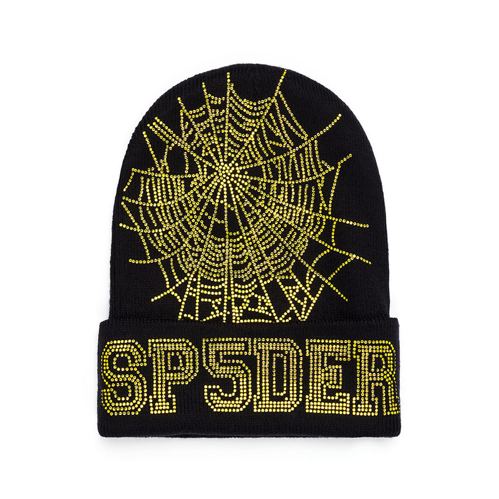 Black acrylic beanie with yellow rhinestone spider web and "SP5DER" text design.