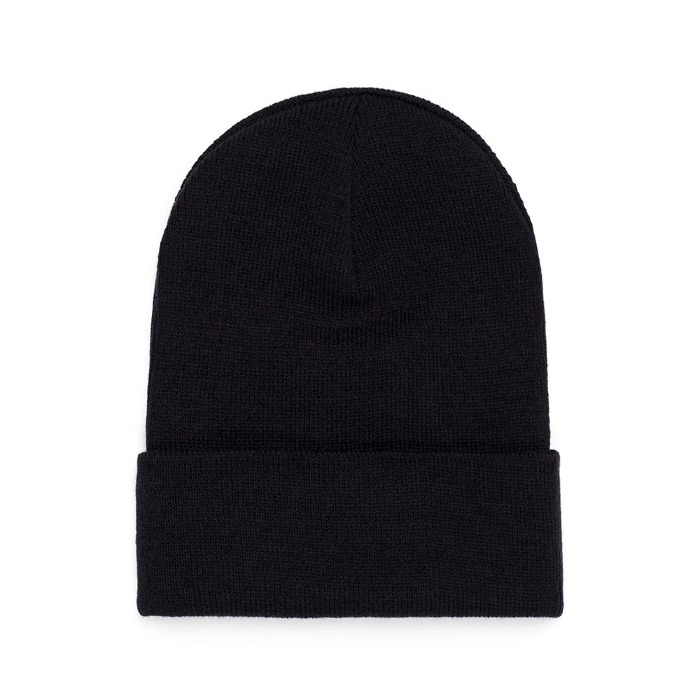 Black acrylic WEB BEANIE with folded cuff, featuring a rhinestone SP5DER design.