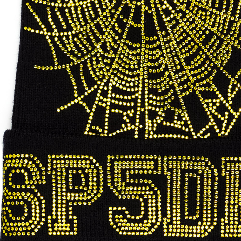 Black acrylic beanie with a yellow rhinestone spiderweb and "SP5DER" design.