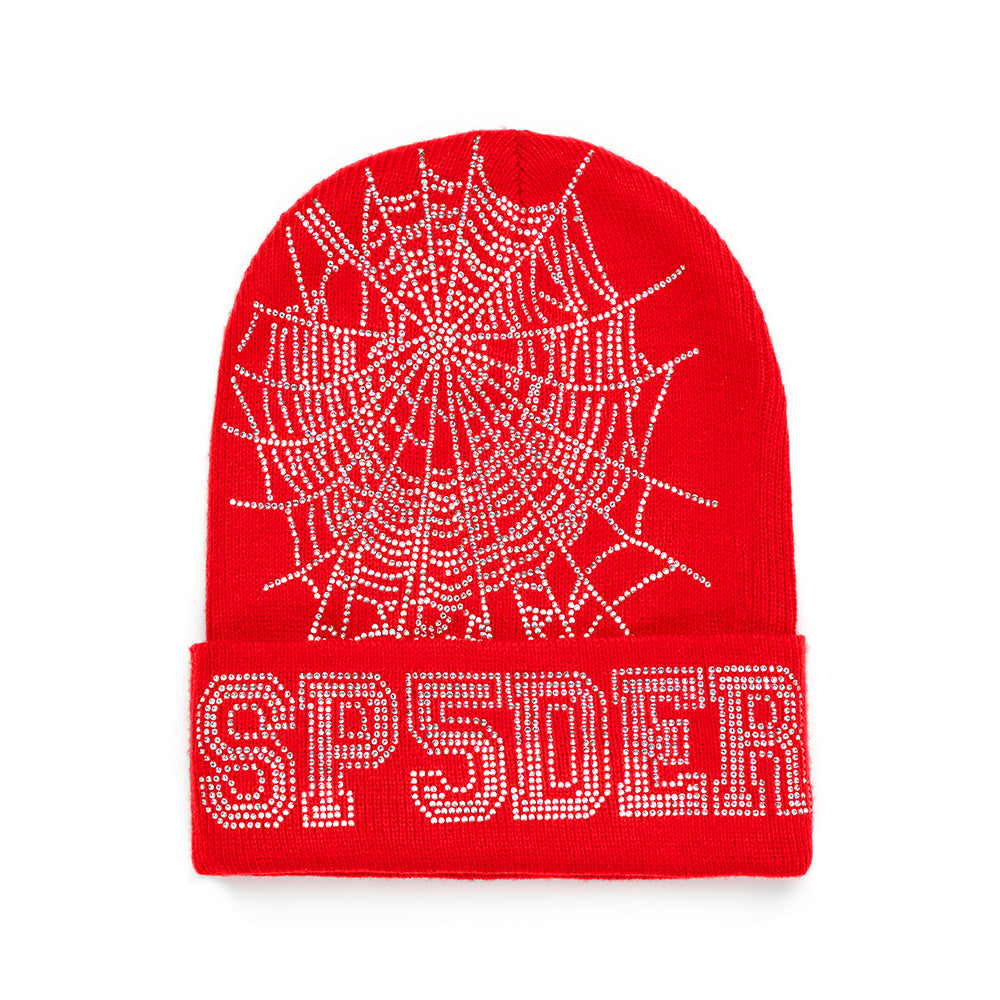 Red acrylic beanie with a rhinestone spider web and "SP5DER" logo on the cuff.
