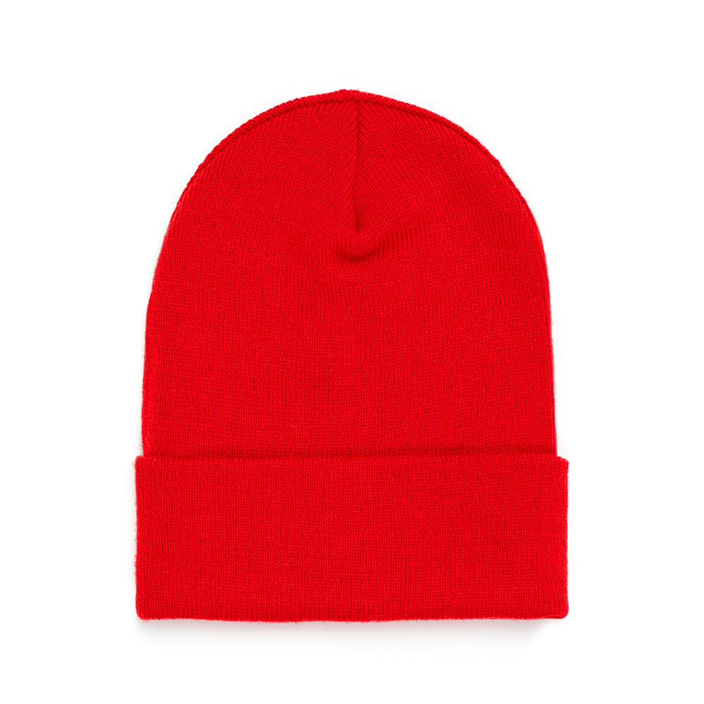 Bright red 100% acrylic knit beanie with a folded cuff, featuring a subtle texture.