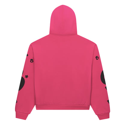 Back view of a vibrant pink 13oz cotton fleece zip-up hoodie with black puff print designs on sleeves.