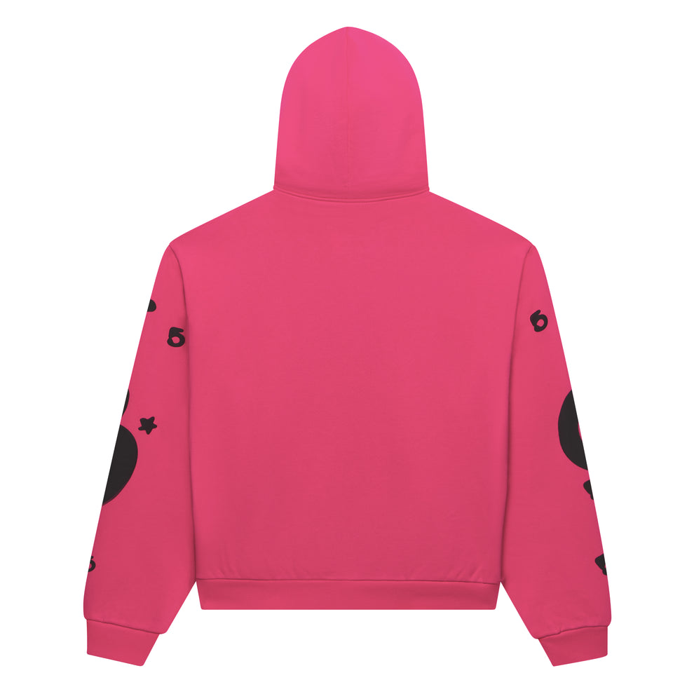 Back view of a vibrant pink 13oz cotton fleece zip-up hoodie with black puff print designs on sleeves.