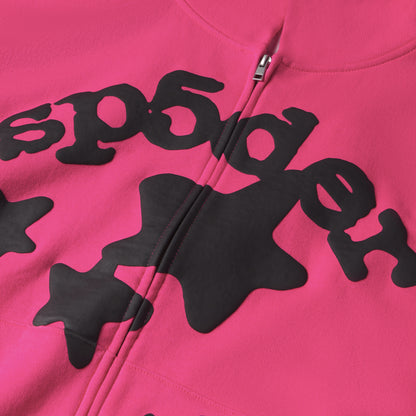 Pink 13oz cotton fleece Beluga zip-up hoodie with black puff print design and silver zipper.