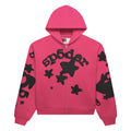 Pink 13oz cotton fleece zip-up hoodie with black puff print "sp5der" text and star designs.