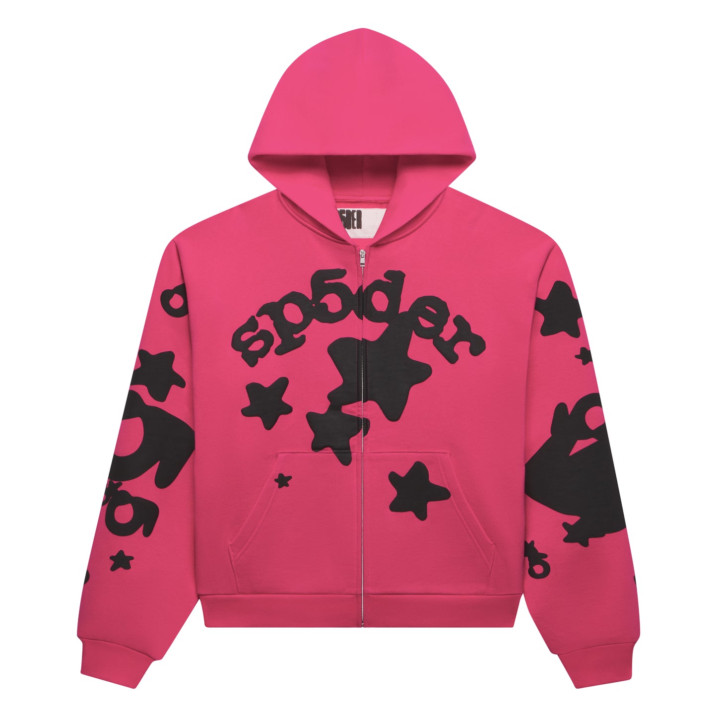 Pink 13oz cotton fleece zip-up hoodie with black puff print "sp5der" text and star designs.