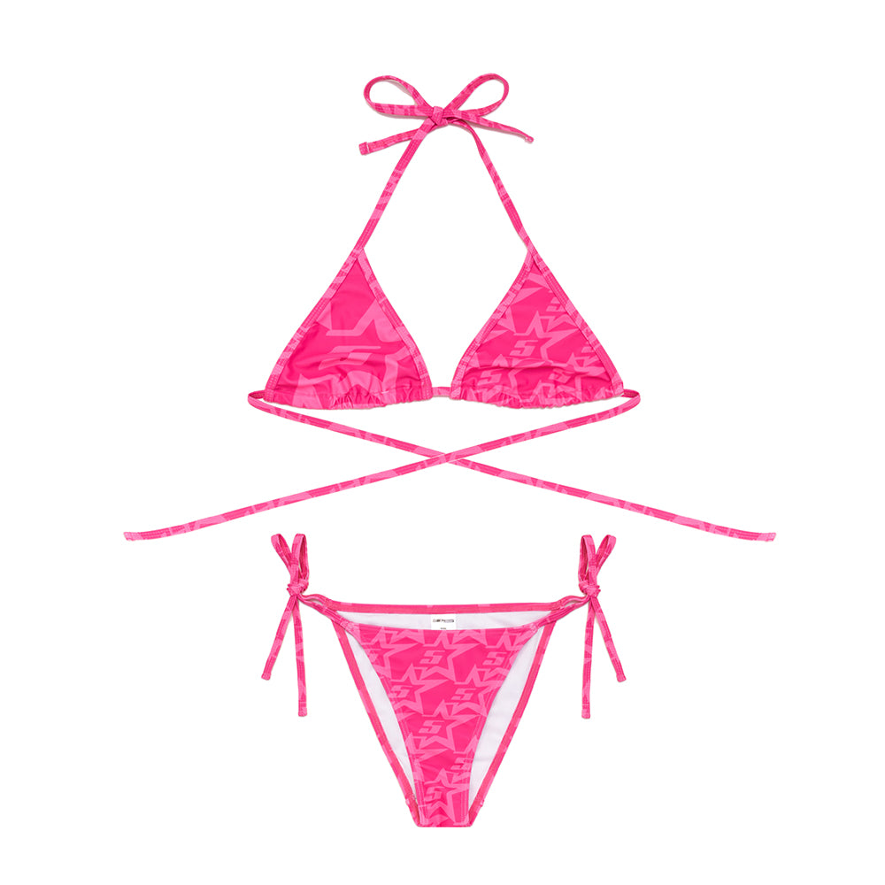 Pink Five Star Bikini set with triangle top and tie-side bottom, featuring rope ties and "SP5DER" logo.