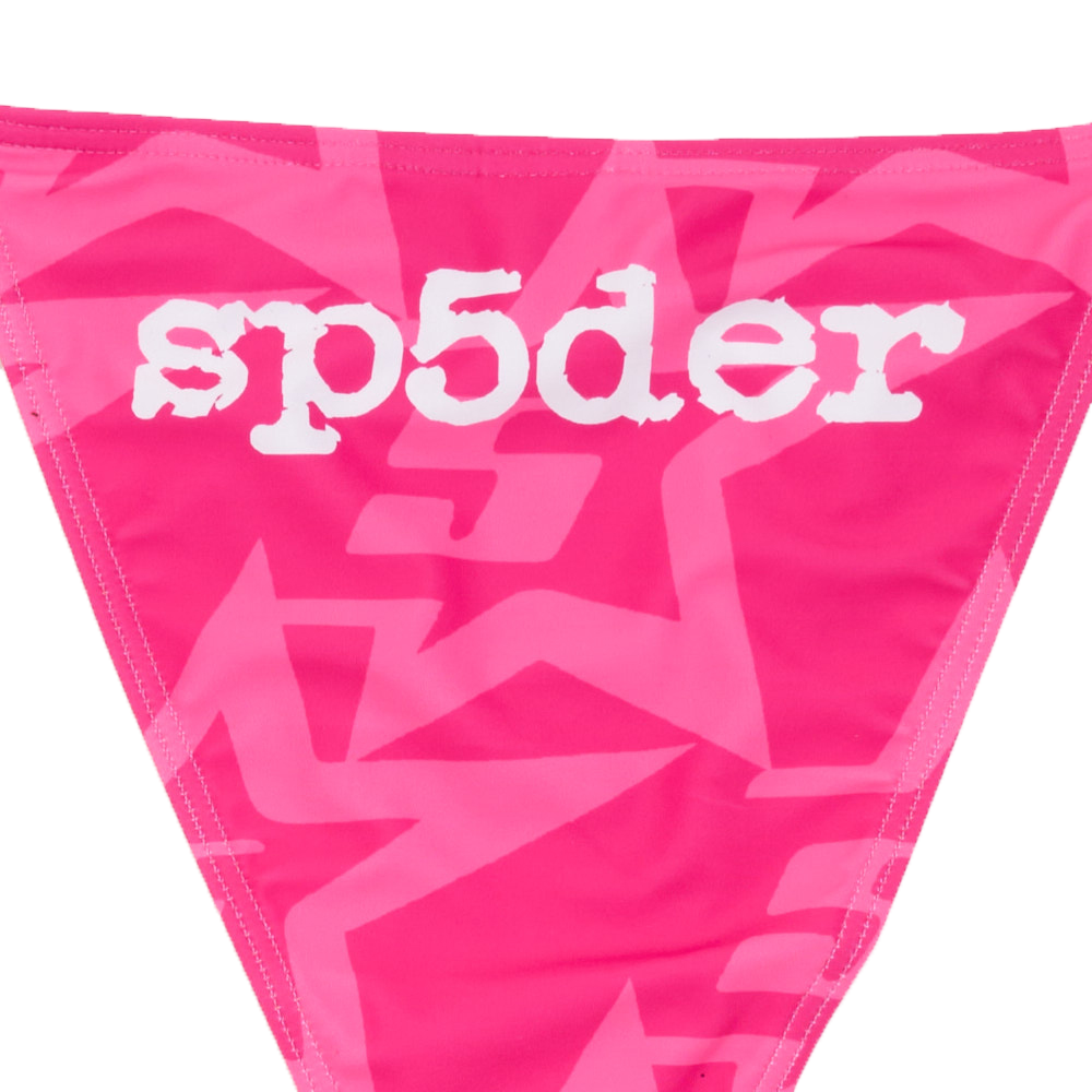Pink SP5DER bikini bottom with white "sp5der" logo and subtle star print.