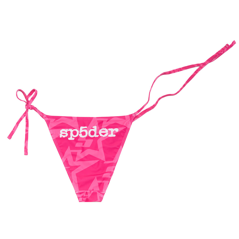 Pink SP5DER bikini bottom with white logo and rope ties, featuring a subtle star pattern.