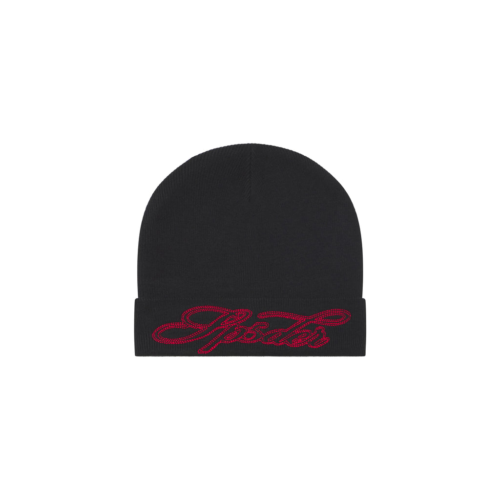 Black rib knit beanie with a fold-over cuff and red contrast script graphic embroidery.