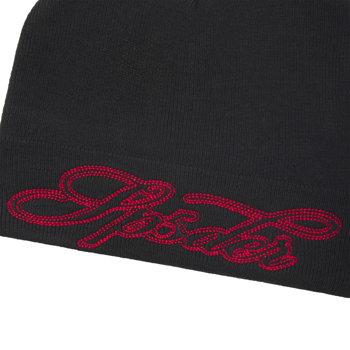 Black rib knit cuffed beanie featuring red contrast script embroidery graphic design on the fold-over cuff.