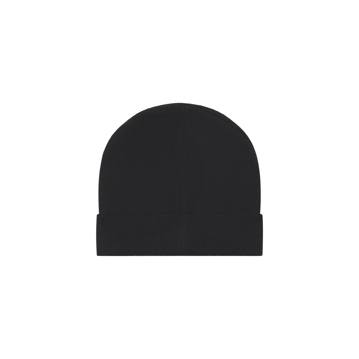 Black rib knit beanie with a fold-over cuff and contrast script embroidery design.
