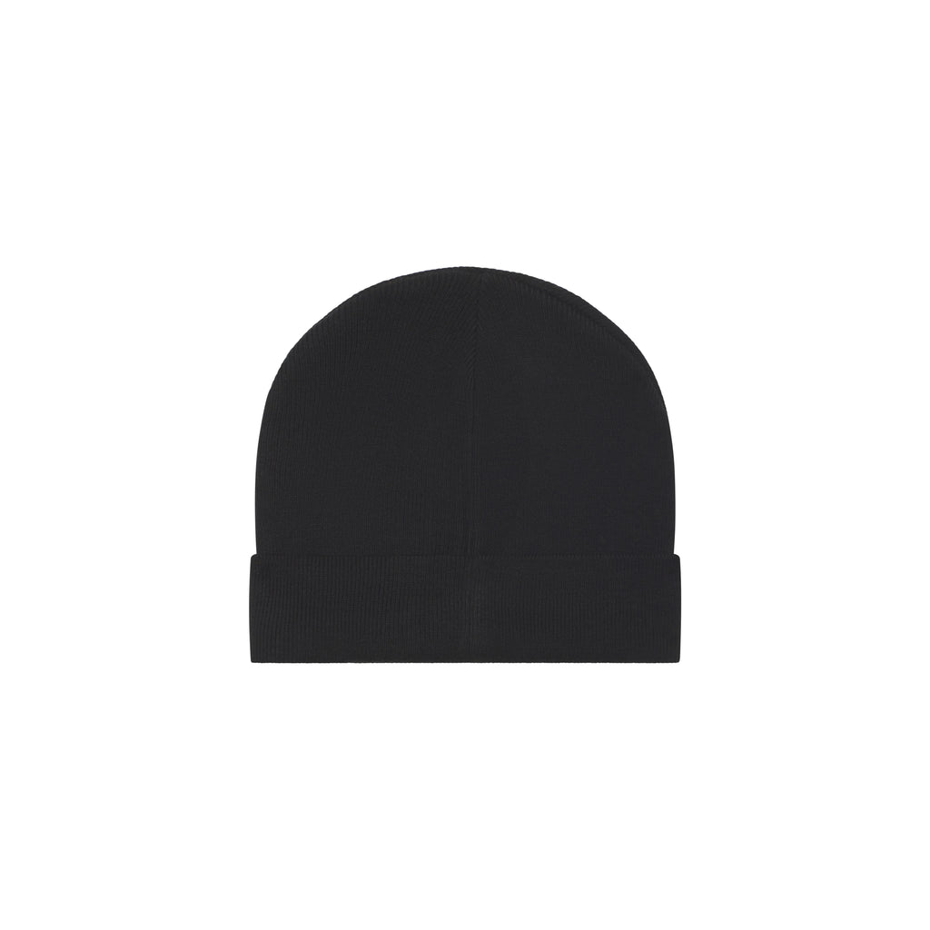 Black rib knit beanie with a fold-over cuff and contrast script embroidery design.