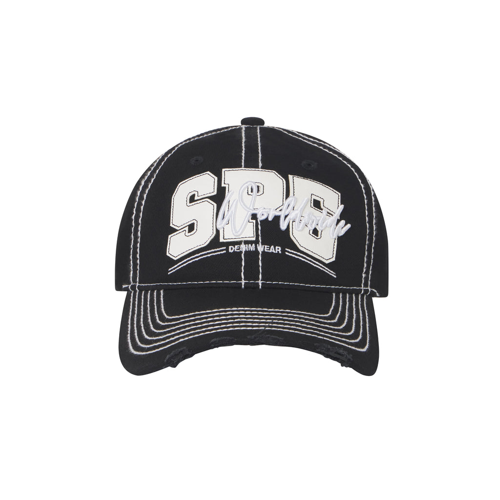Black denim baseball cap with white contrast stitching, layered SP5 logo appliqué, script embroidery, and a distressed curved brim.