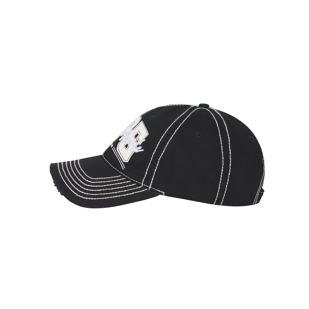 Black denim baseball cap with white contrast stitching, layered logo appliqué, and a distressed curved brim.