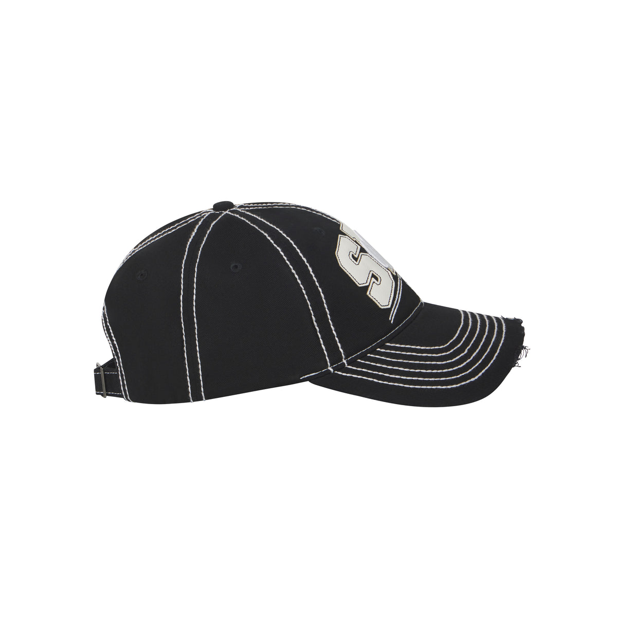 Black denim baseball cap with white contrast stitching, layered logo appliqué, and a distressed curved brim.
