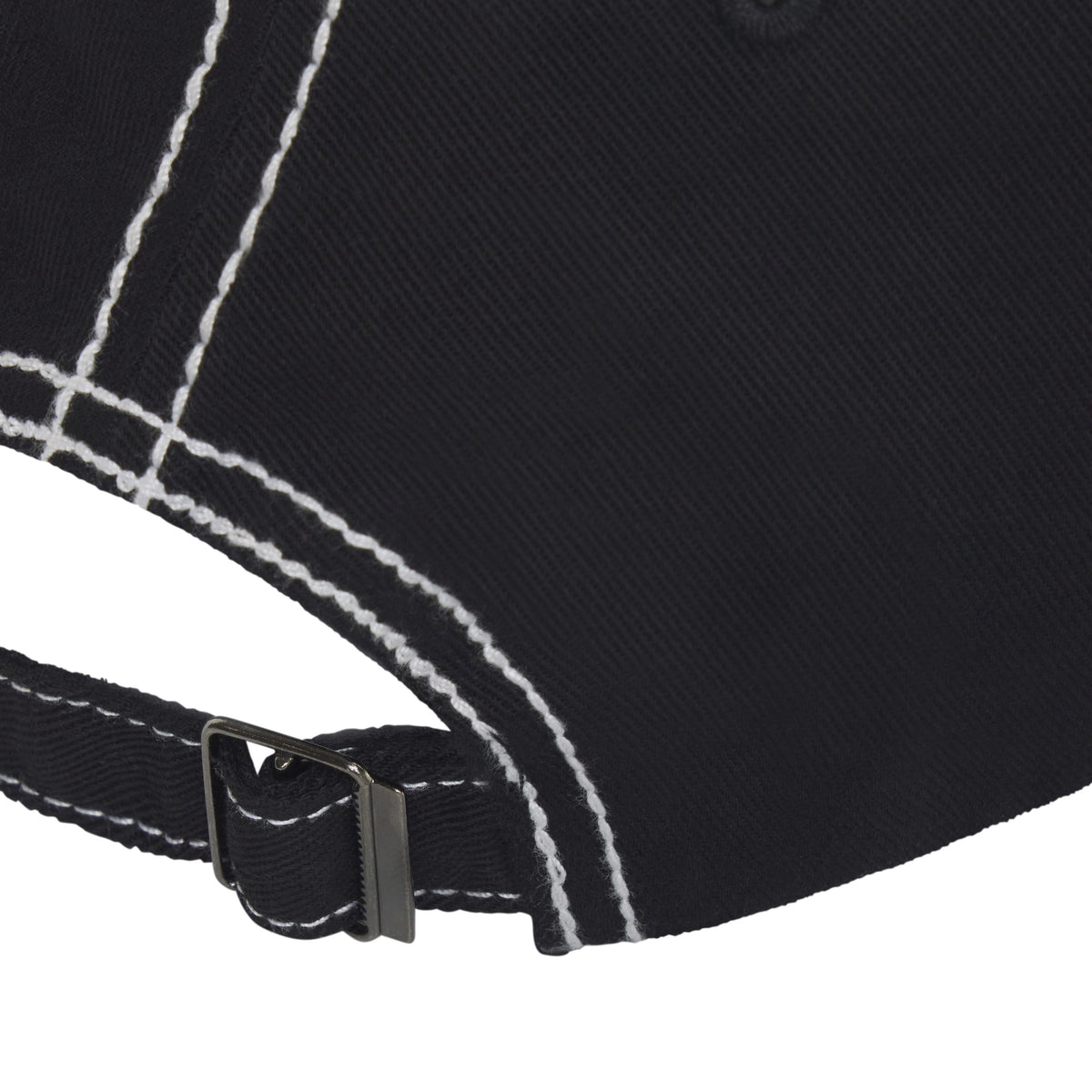 Black denim baseball cap featuring white contrast stitching and an adjustable back strap with a metal buckle.