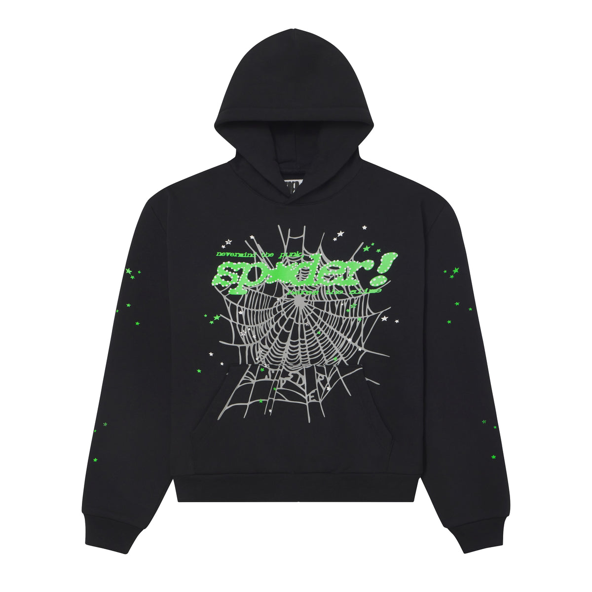 Black 13oz cotton fleece hoodie with green puff print spider web graphic, scattered star details, and a kangaroo pocket.