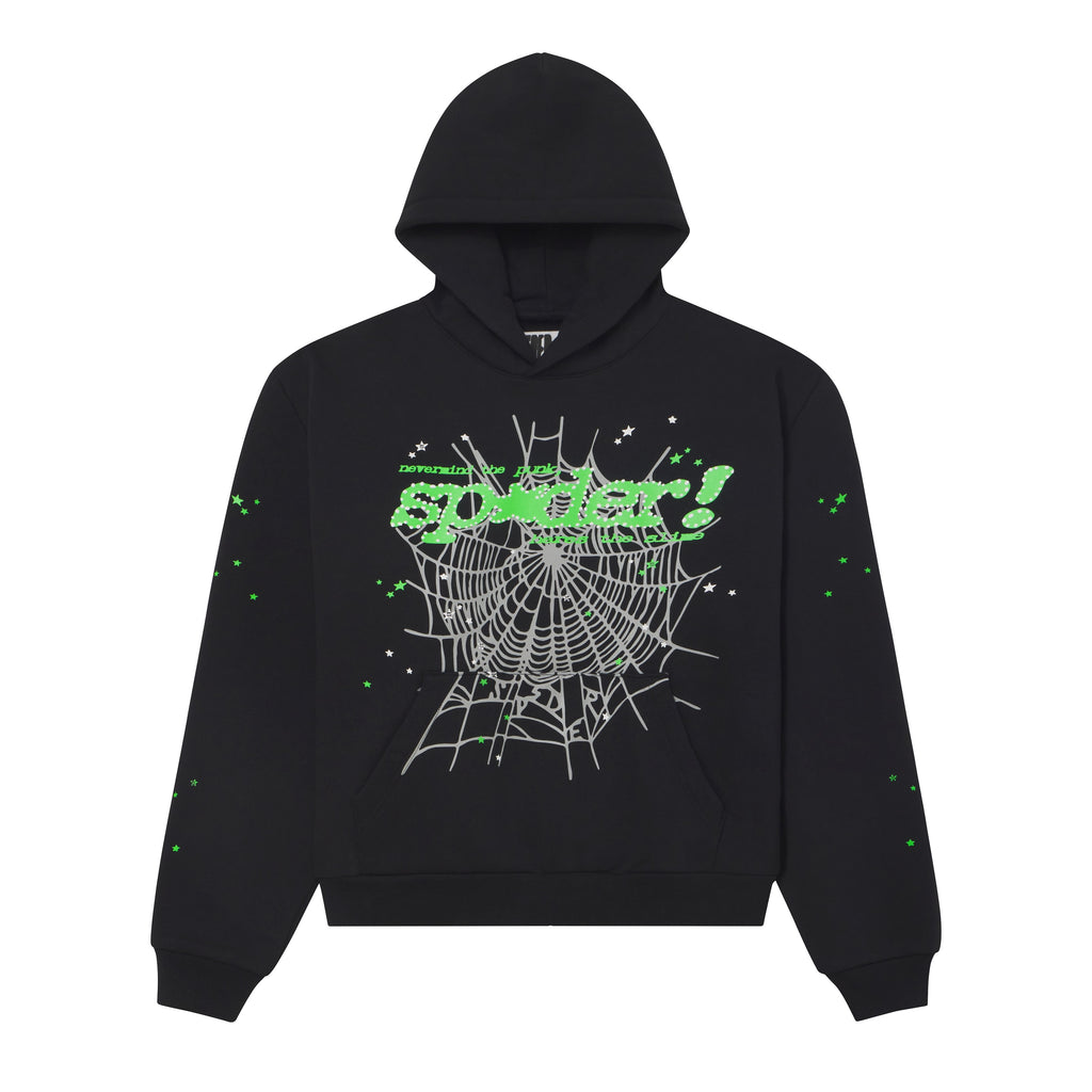 Black 13oz cotton fleece hoodie with green puff print spider web graphic, scattered star details, and a kangaroo pocket.